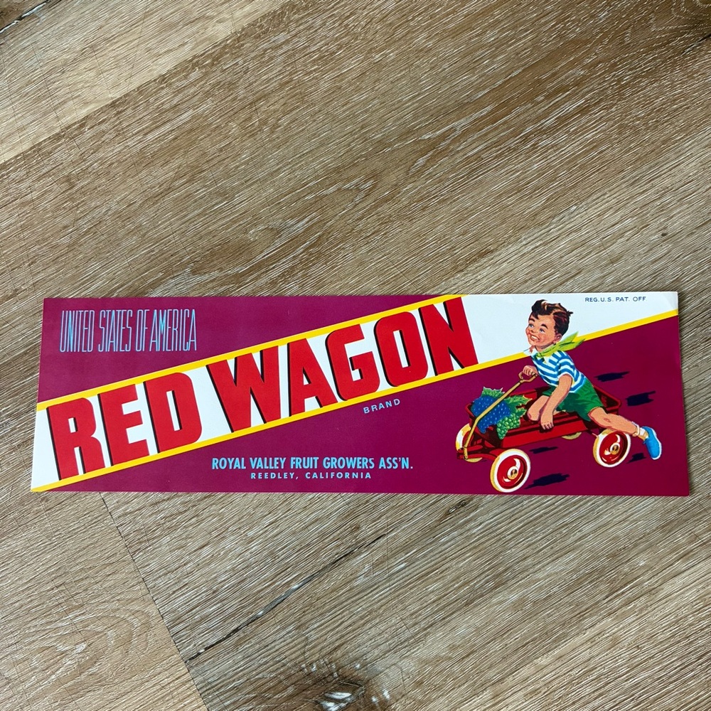 Vintage RED WAGON Fruit Crate Label California 13x4” Farm Art NOS DEADSTOCK